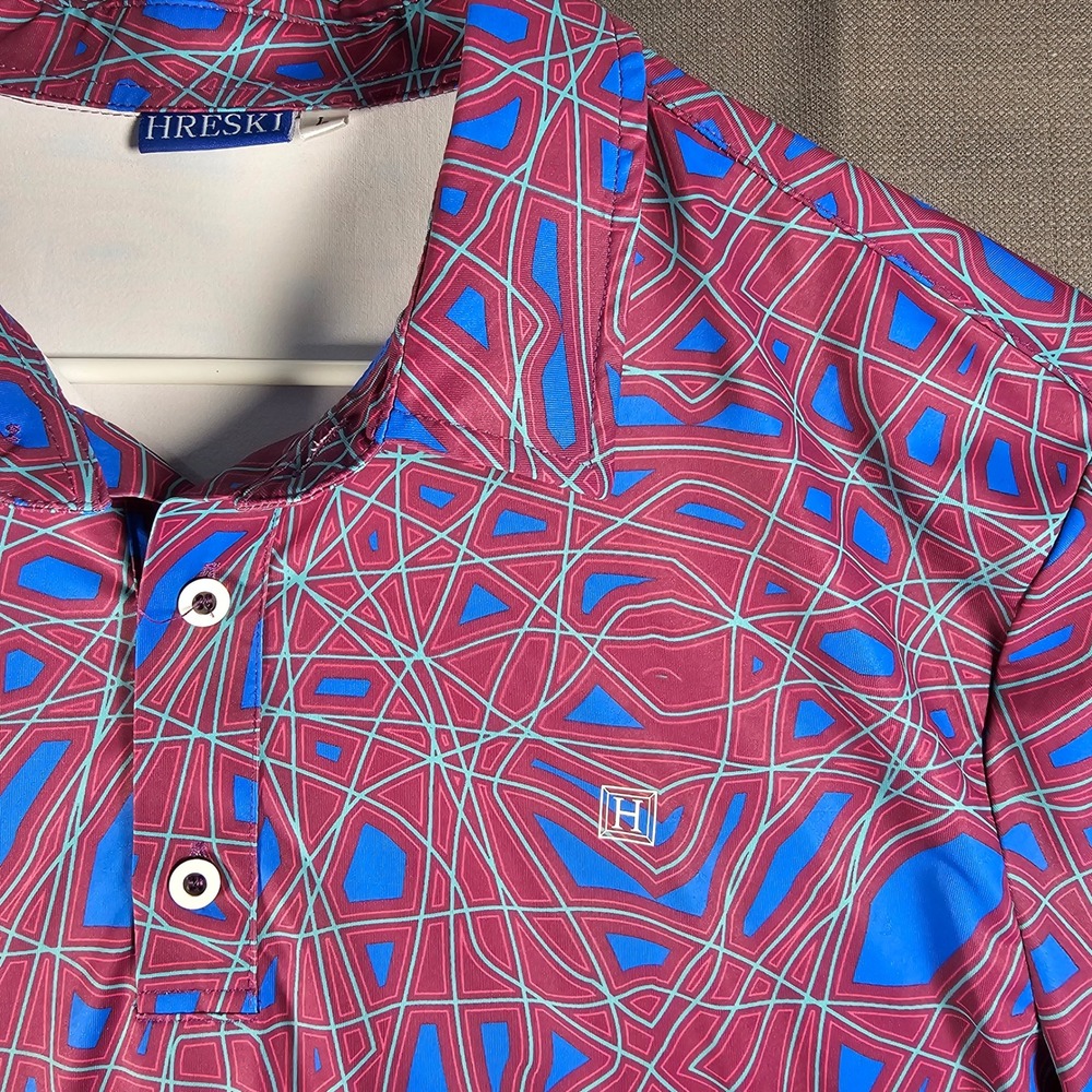 Hreski Mens Golf Polo Shirt Large Magenta Blue Geometric Abstract Performance